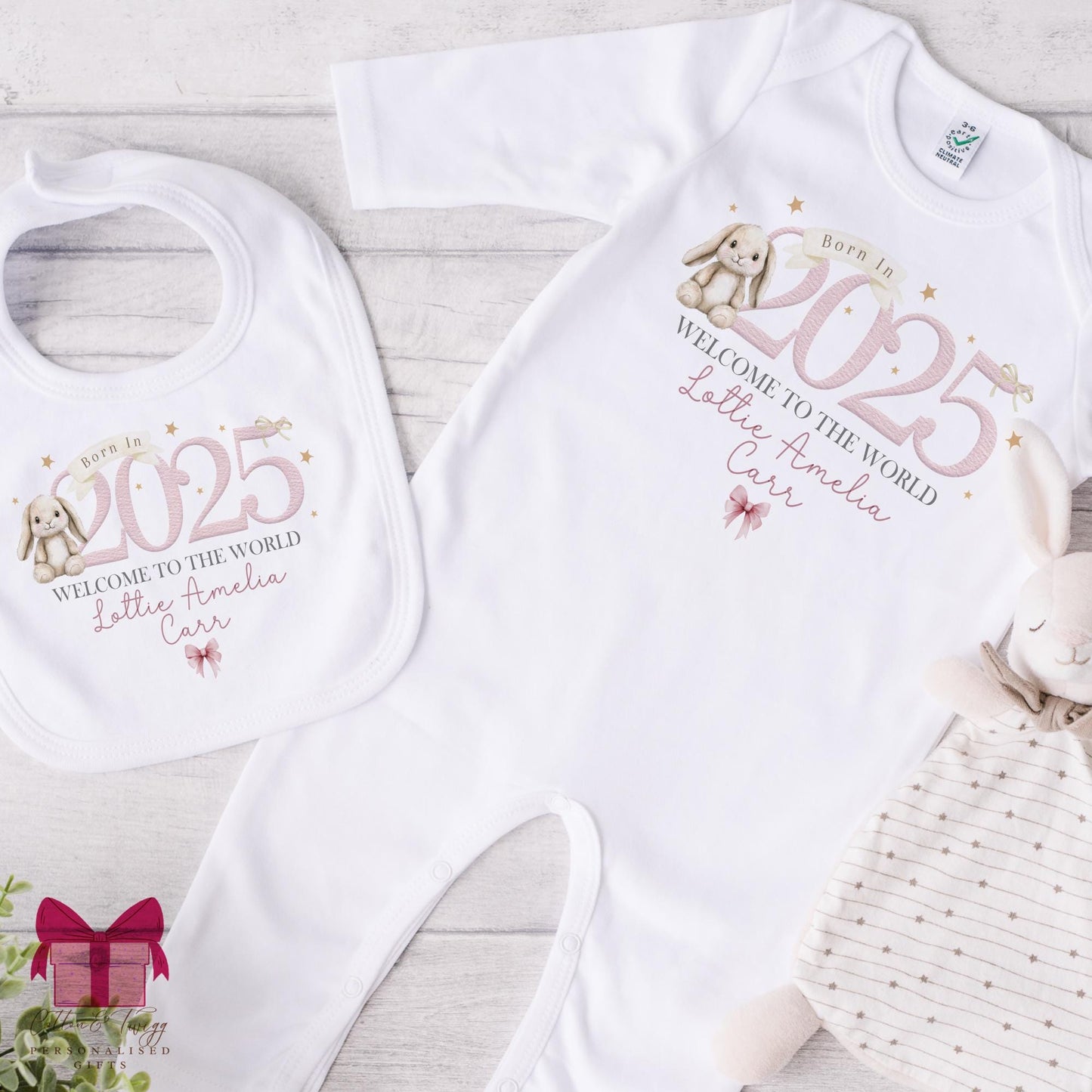 Personalised Born in 2025 Baby Sleepsuit, Vest & Bib, Personalised Baby Gift For New Baby Girl Or Baby Boy, Unisex Coming Home Outfit