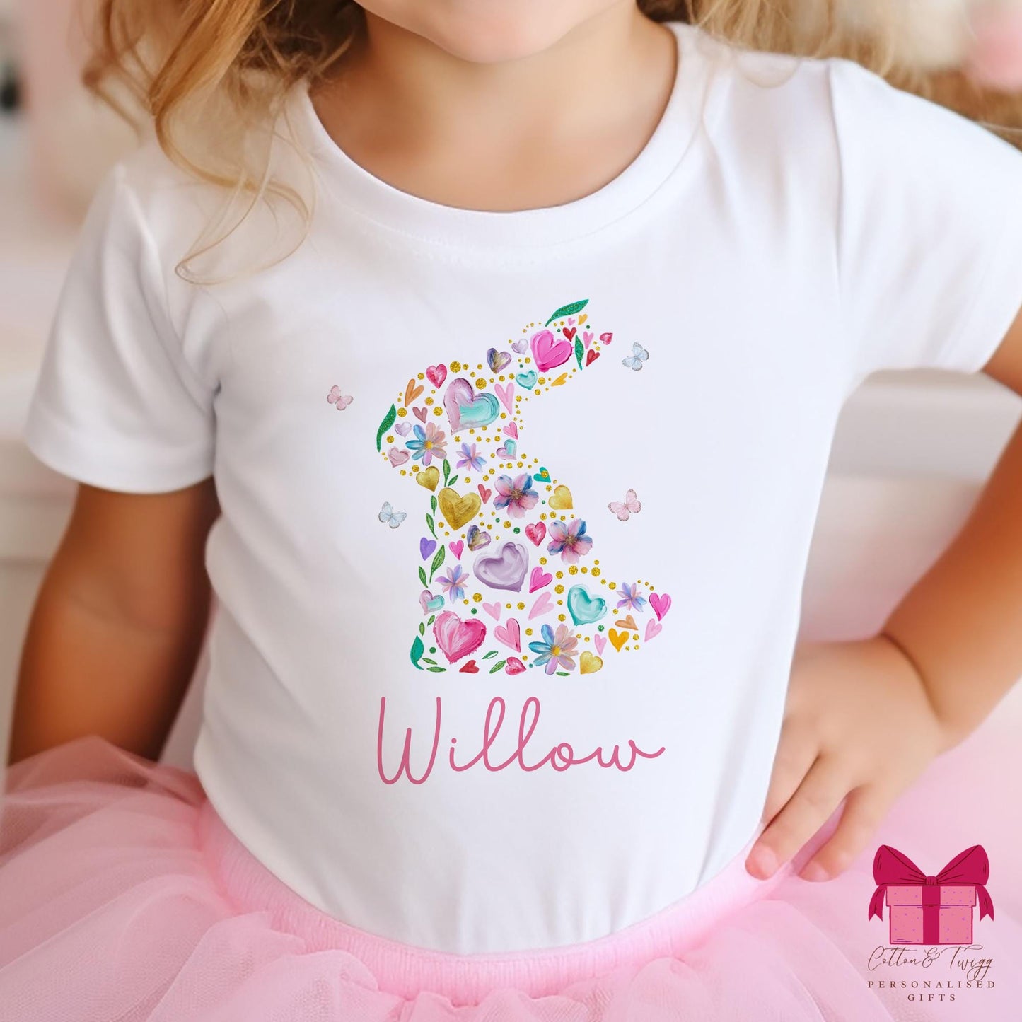 White cotton floral heart easter bunny t shirt with pretty buitterflys personalised with childs name. Beautiful easter gift idea