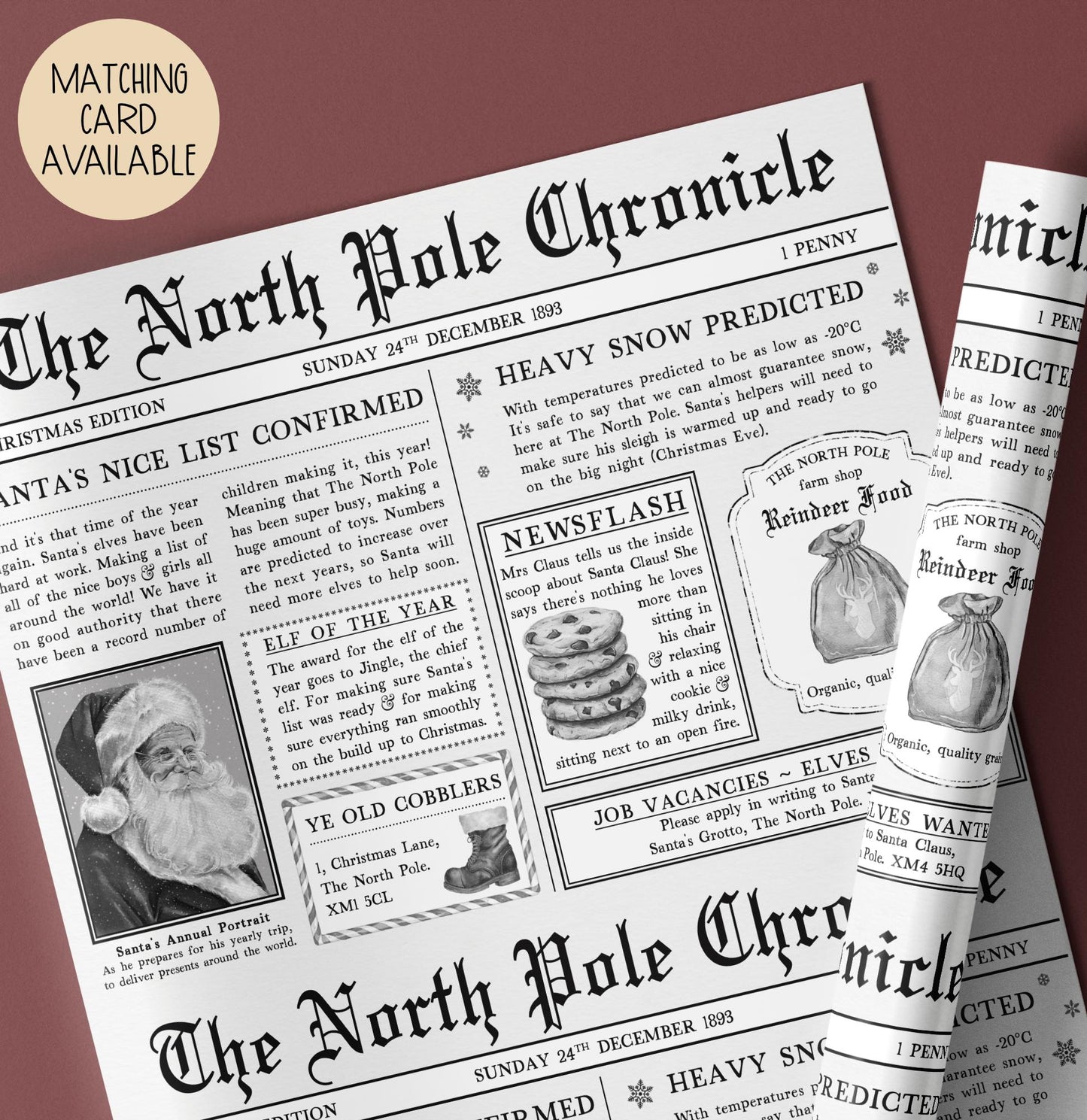 Christmas Gift Wrap, North Pole Chronicles Xmas Wrapping Paper Roll, North Pole Newspaper Wrapping Paper Sheet