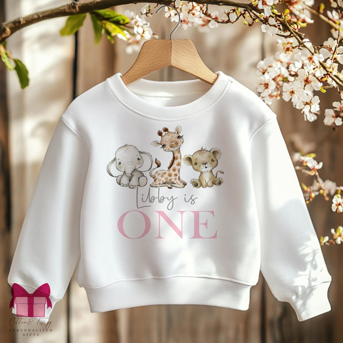 Personalised Kids First Birthday Sweatshirt, 1st Birthday Jungle Sweater, Pink Safari First Birthday Long Sleeve Jumper, I Am One Outfit