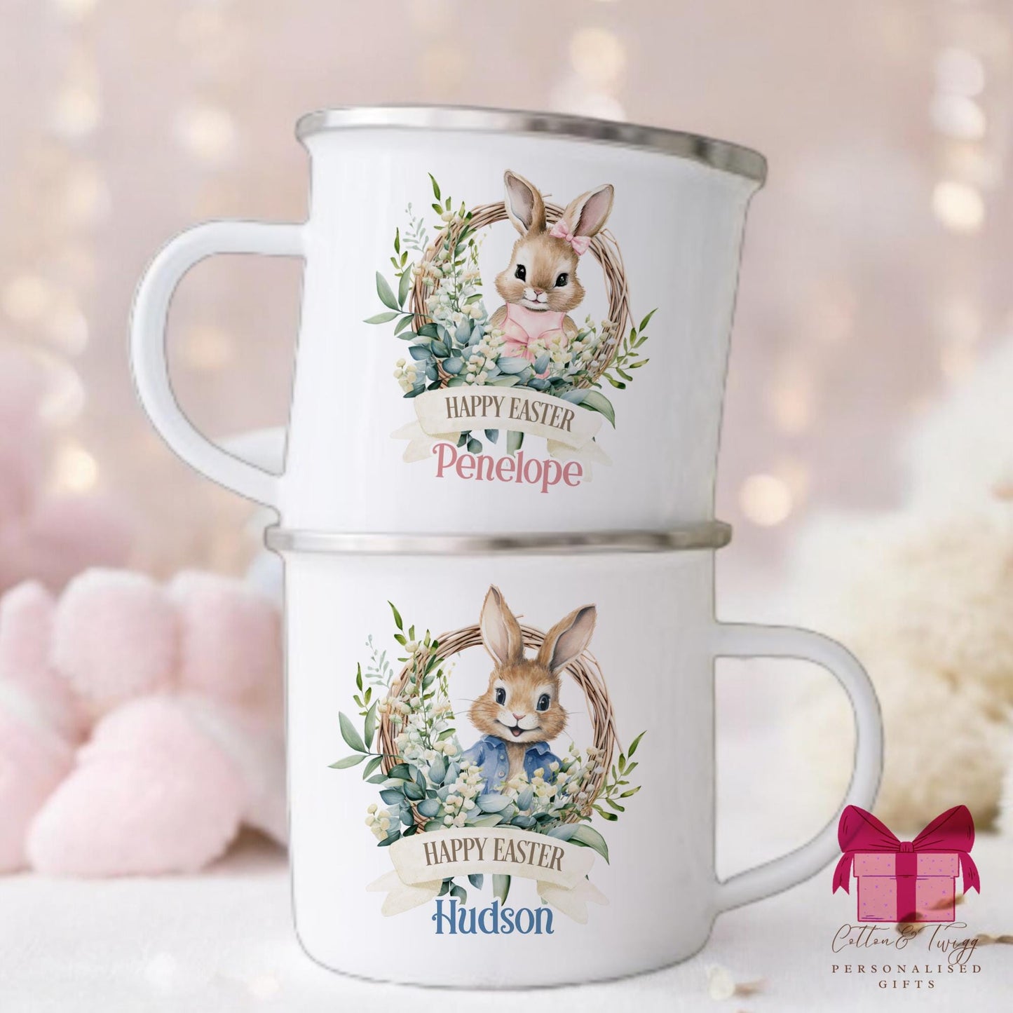 Personalised Kids Enamel Easter Mug, Childrens Easter Bunny Rabbit Mug