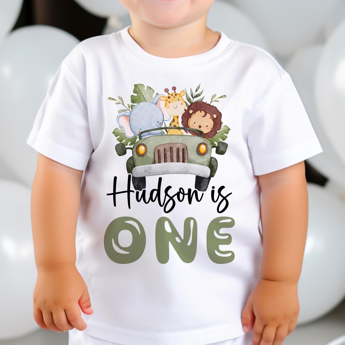 Personalised Kids Safari Long Sleeved T-Shirt, 1st Birthday Jungle Jeep/Car T-Shirt