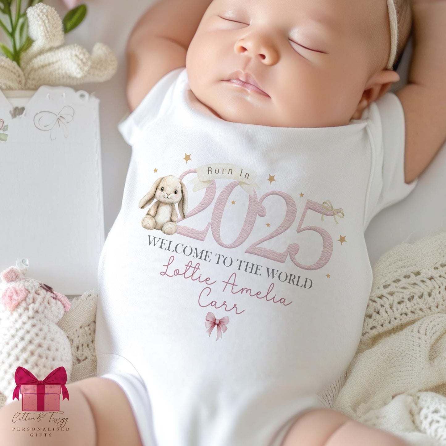 Personalised Born in 2025 Baby Sleepsuit, Vest & Bib, Personalised Baby Gift For New Baby Girl Or Baby Boy, Unisex Coming Home Outfit