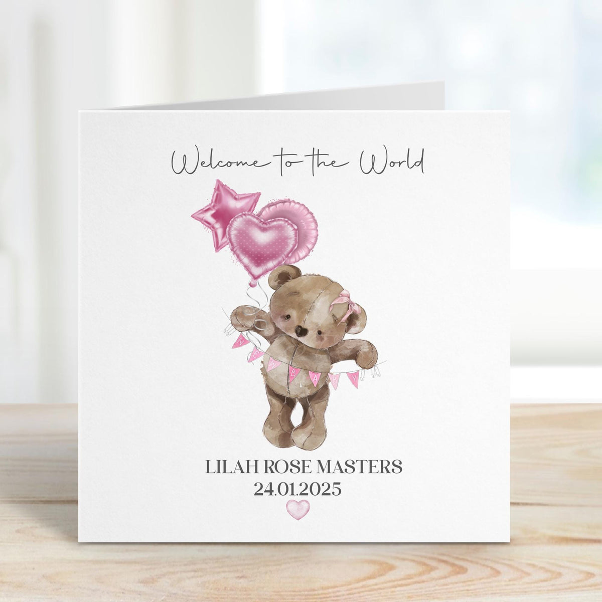 Teddy & Balloon New Baby Card – Welcome to the World – photo 2