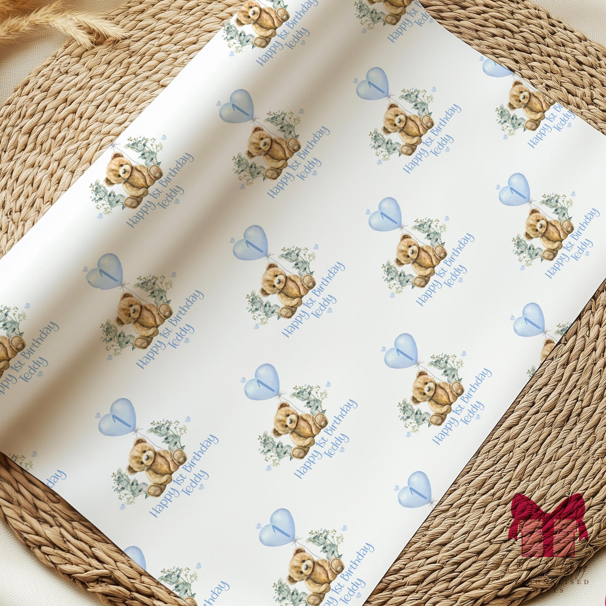 Boys teddy train 1st birthday wrapping paper
