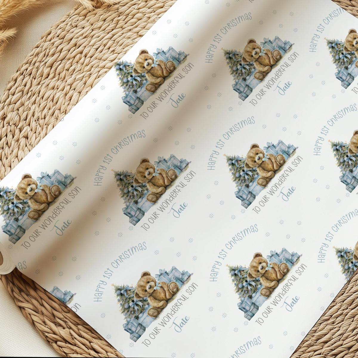 Boys blue teddy bear 1st Christmas wrapping paper