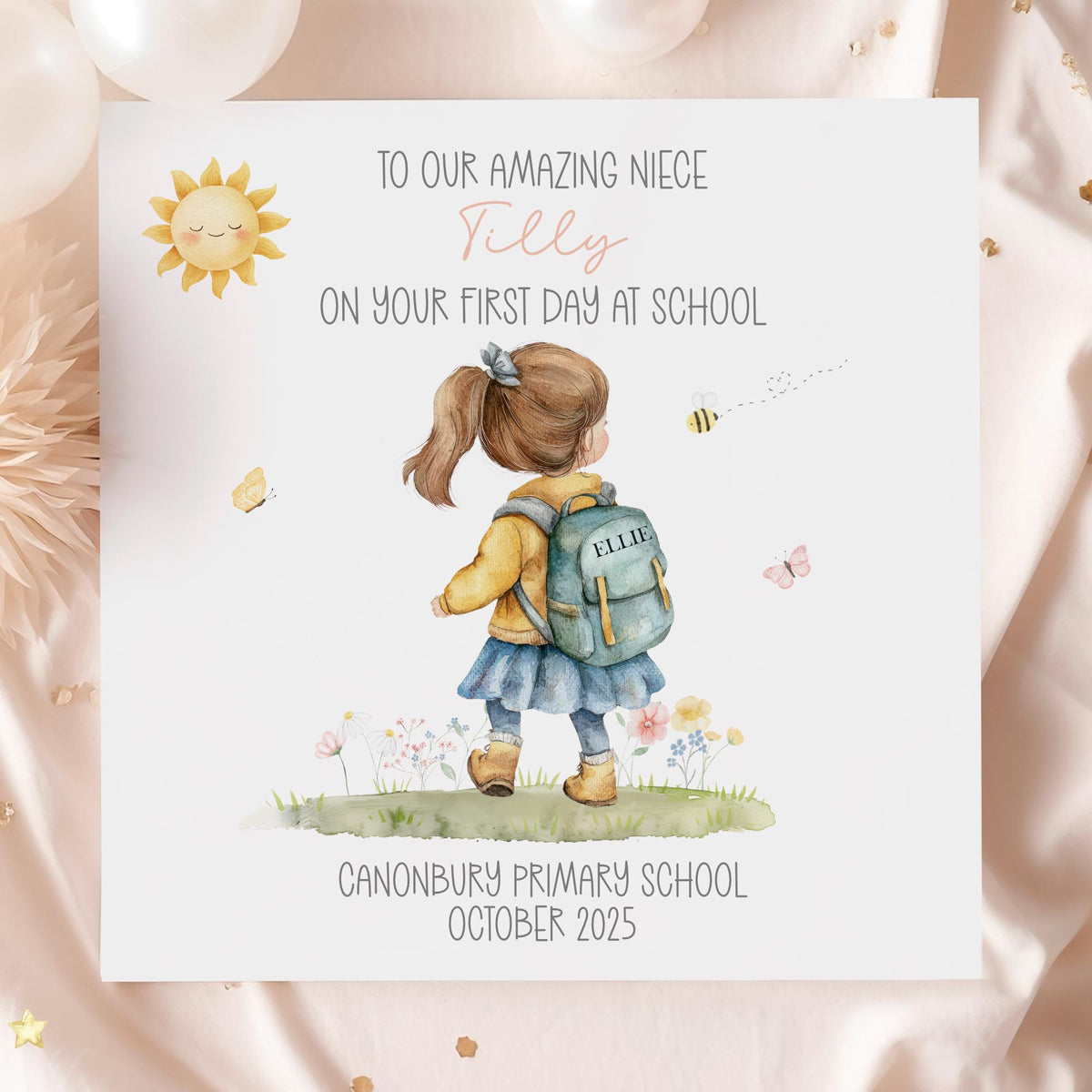 Little Girl with Backpack First Day at School Card – photo 3