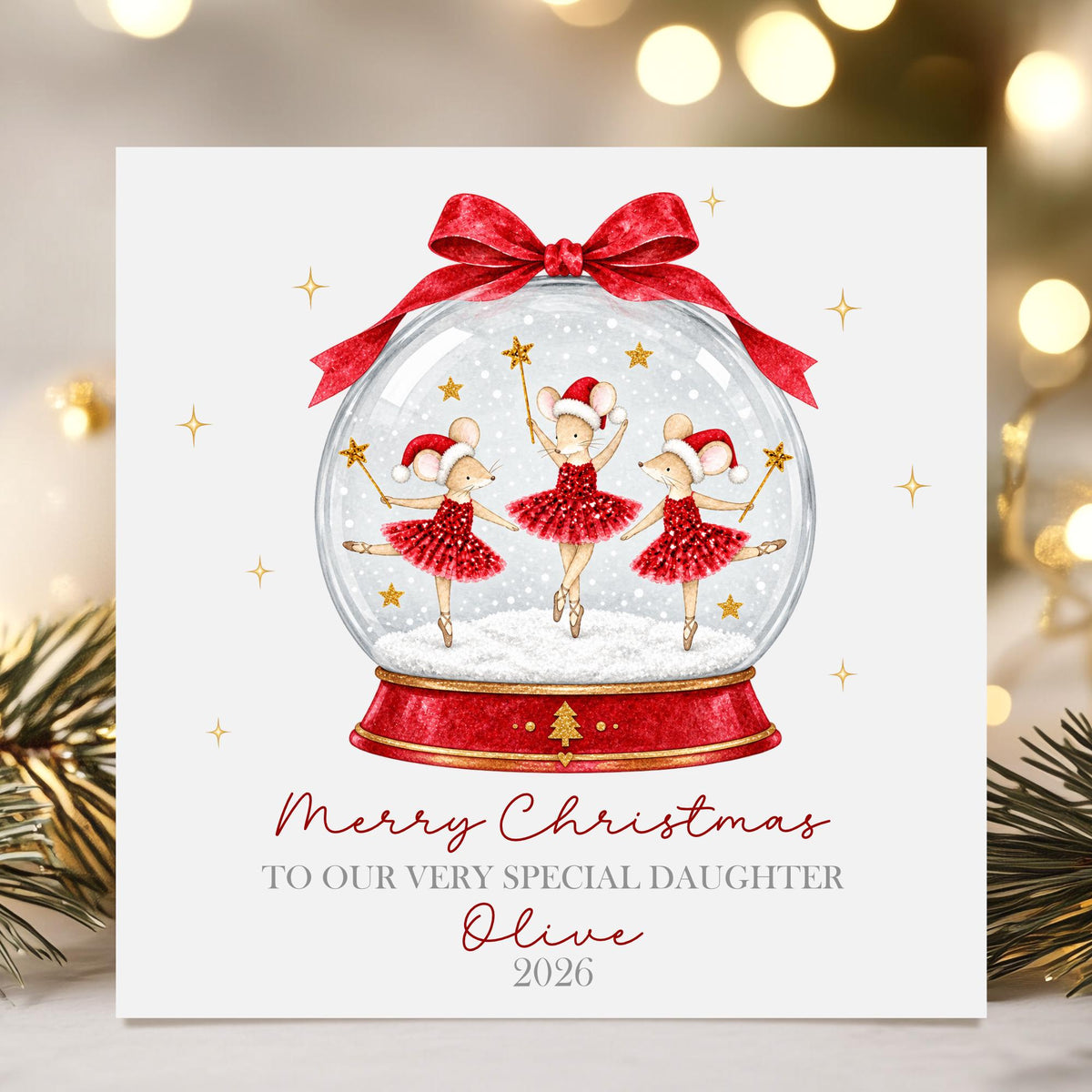 Red Ballerina Mice Snow Globe Christmas Card for Girls – photo 3