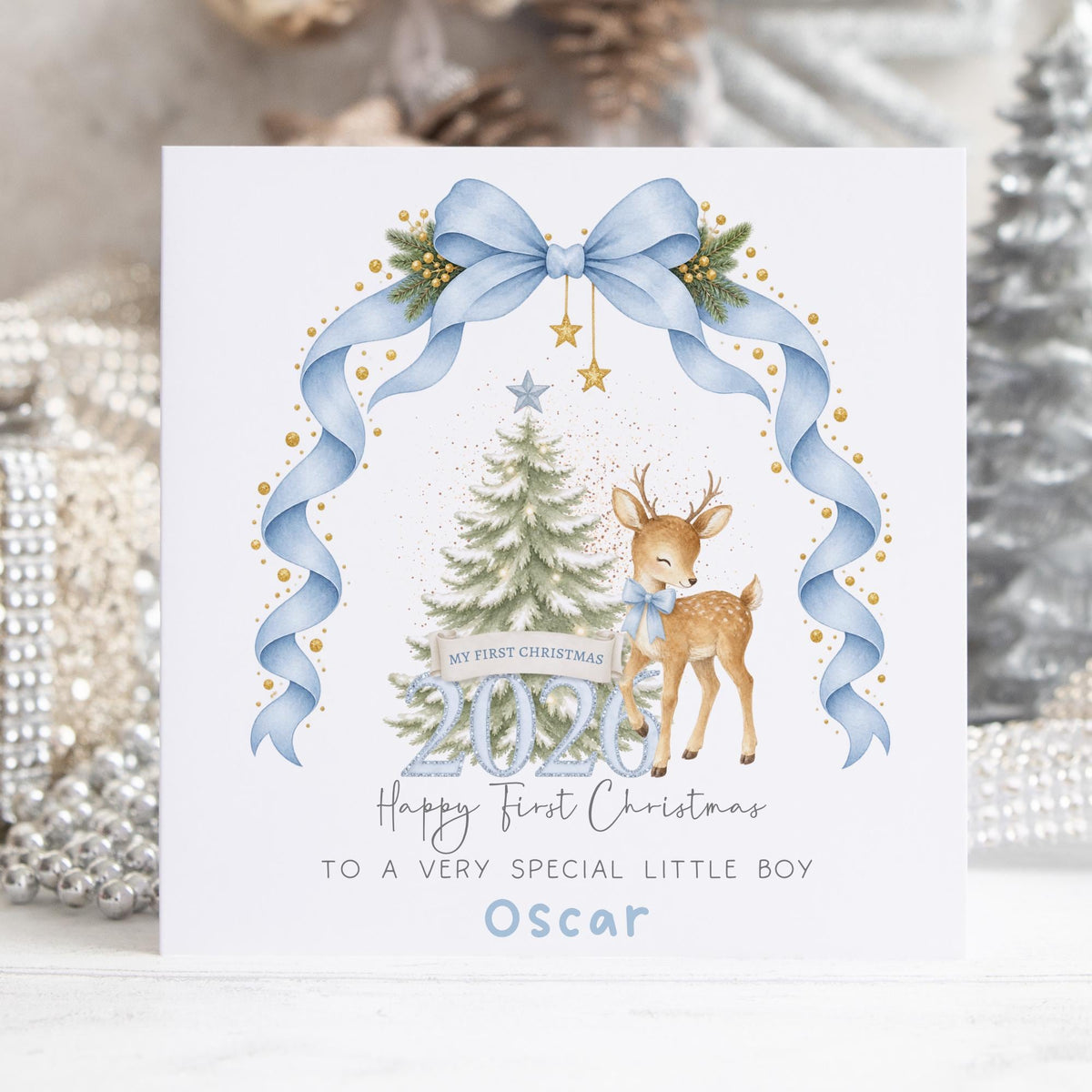 Blue Bow & Deer Baby's First Christmas Card 2026 for Baby Boy – photo 3