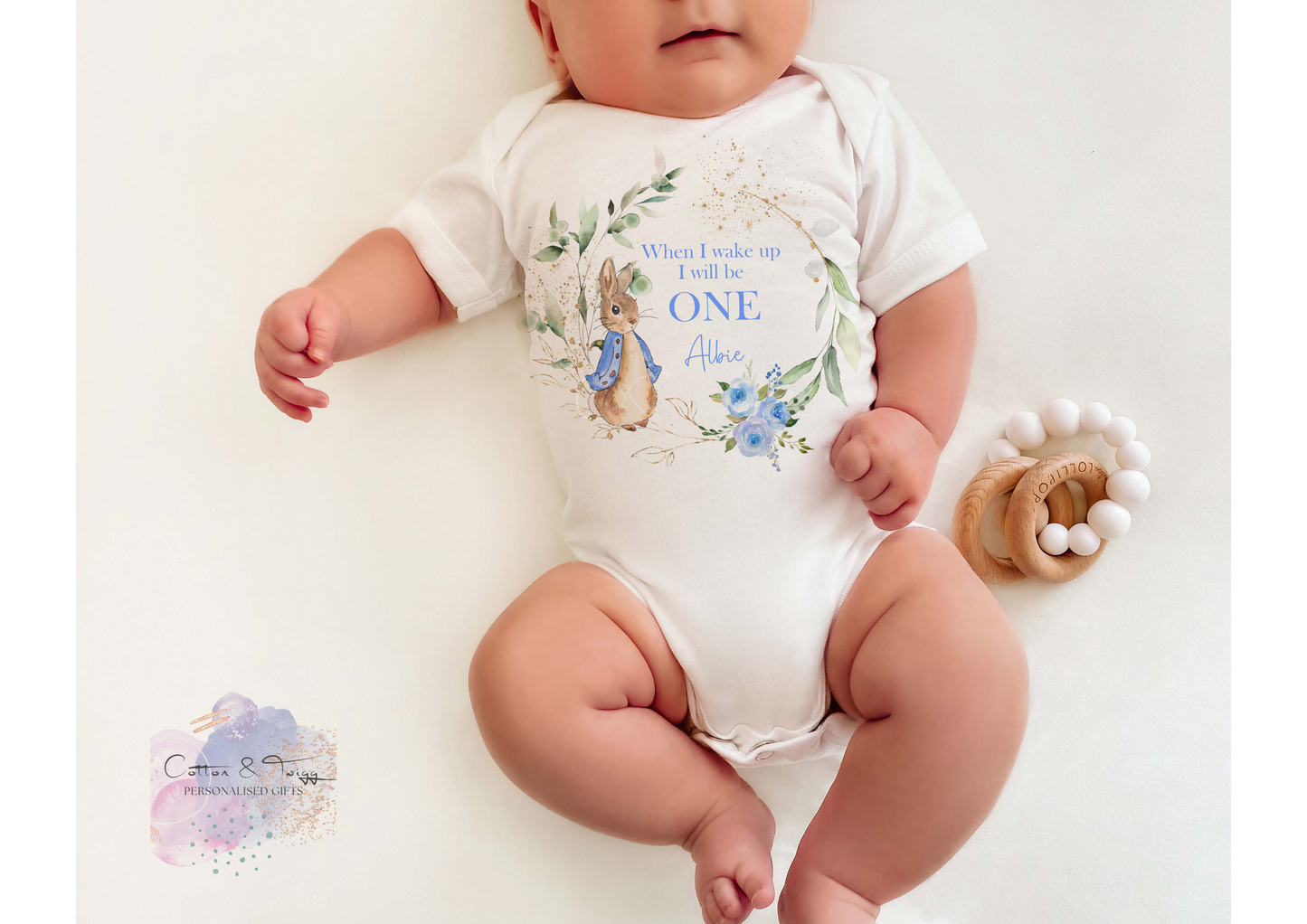 Personalised When I Wake Up I Will Be One Sleepsuit, Personalised Rabbit Birthday Romper, 1st Birthday Babygrow, Unisex Birthday Outfit