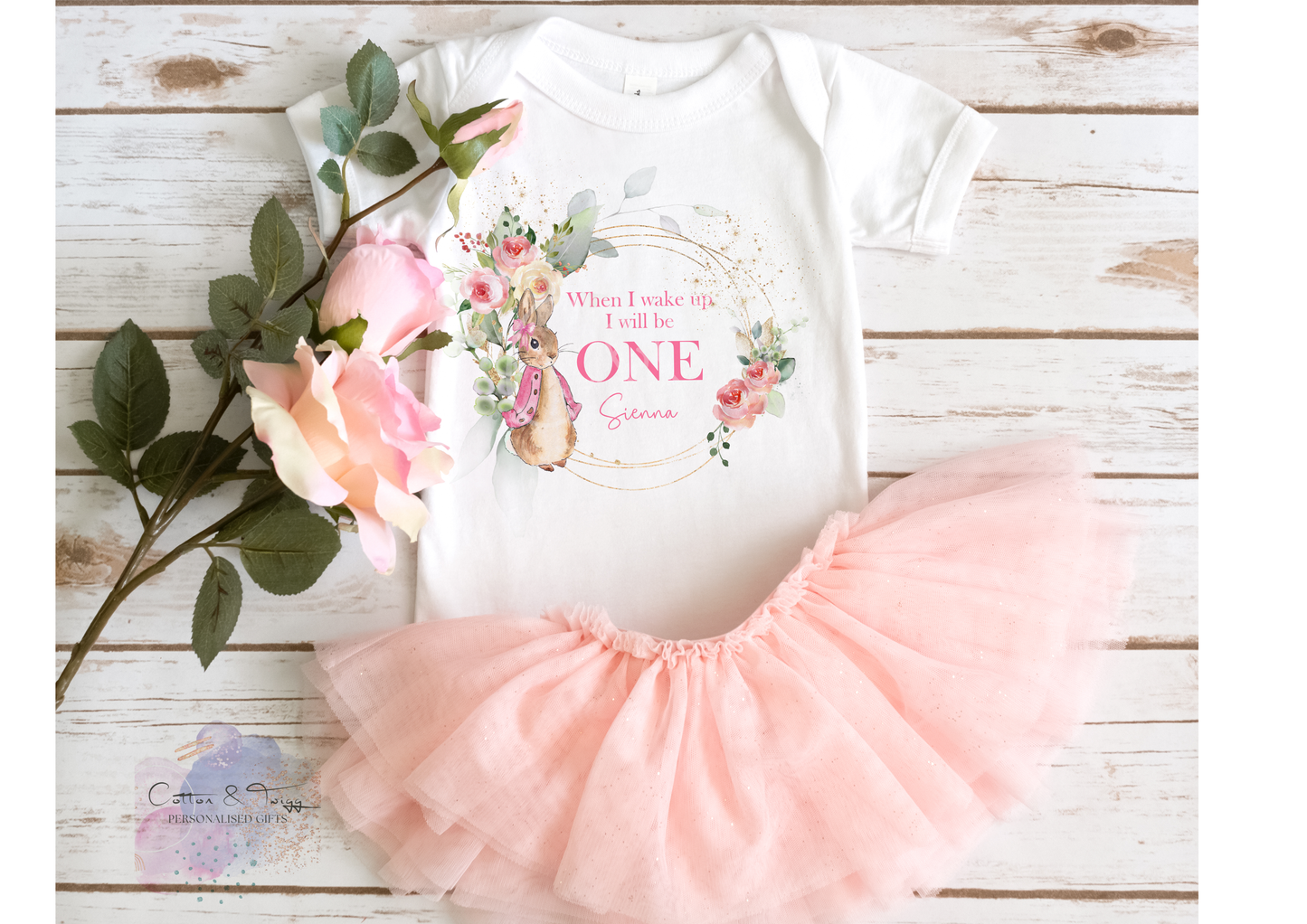 Personalised When I Wake Up I Will Be One Sleepsuit, Personalised Rabbit Birthday Romper, 1st Birthday Babygrow, Unisex Birthday Outfit