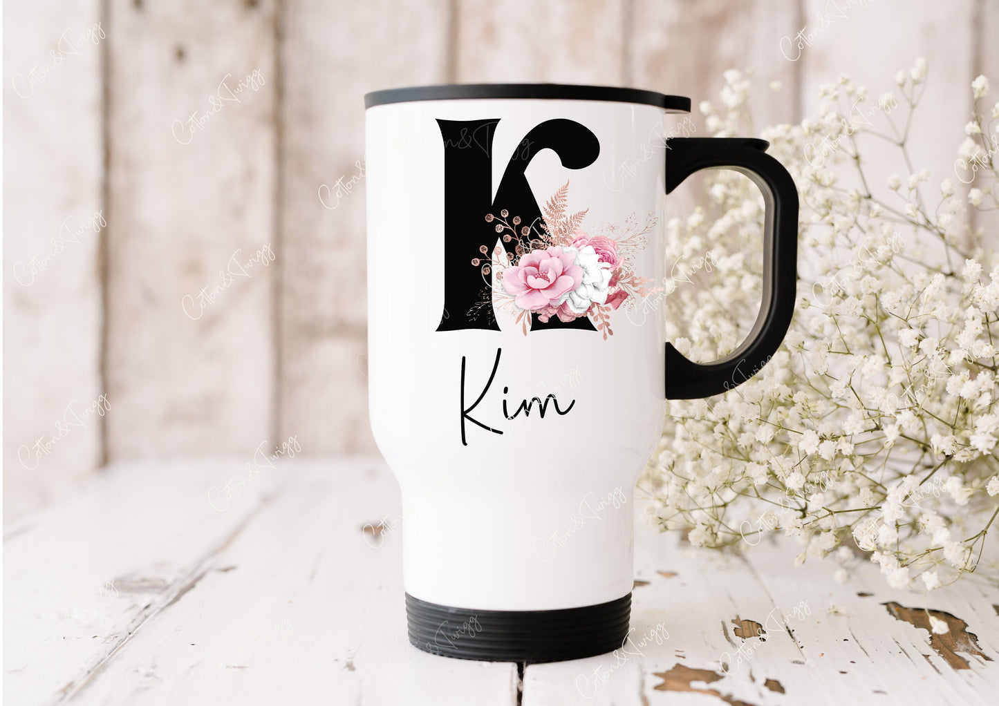 Personalised Travel Mug, Initial Mug, Floral Letters Stainless Steele Insulated Travel Cup, Mothers Day Gift, First Mothers Day,New Mum Gift