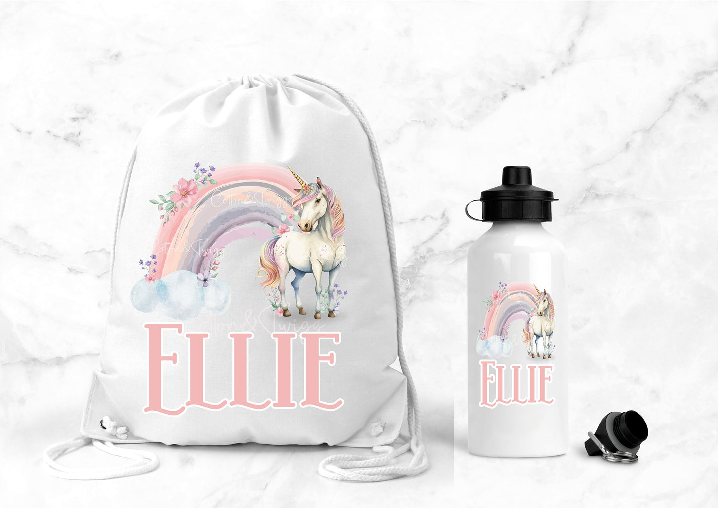 Personalised Water Bottle & Gym Bag, Personalised PE bag, School, PE, Swim Drawstring Bag, Unicorn Rainbow Gift, Kids Bag