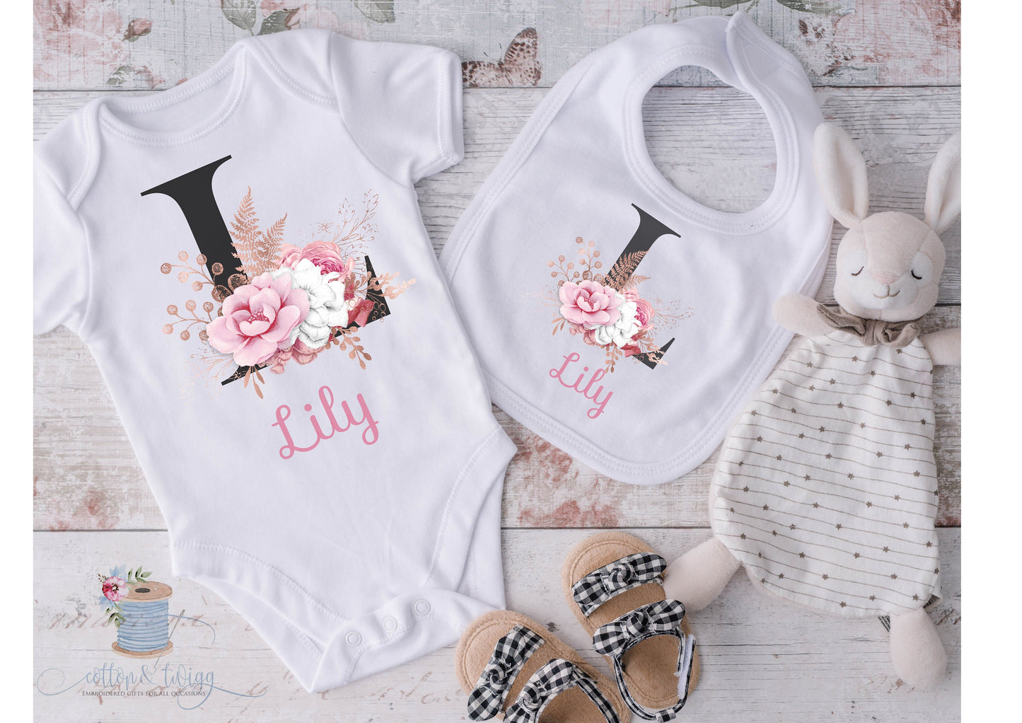 Baby Girls Personalised Floral Sleepsuit, Vest & Bib