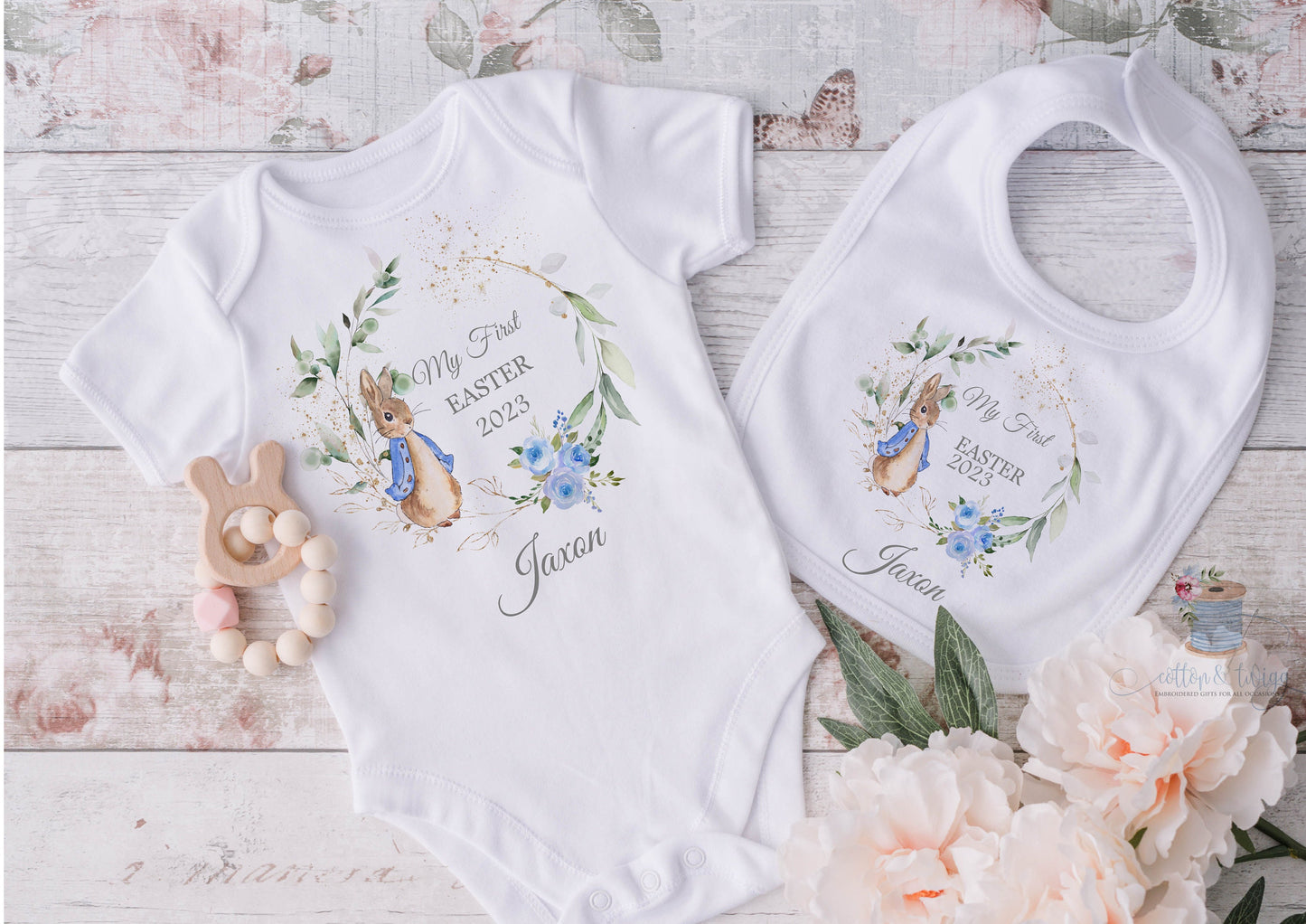 First Easter Sleepsuit and Bodysuit Vest & Bib, My First Easter Romper Suit, Baby Boy's 1st Easter Babygrow, Easter Bunny, Personalised Gift