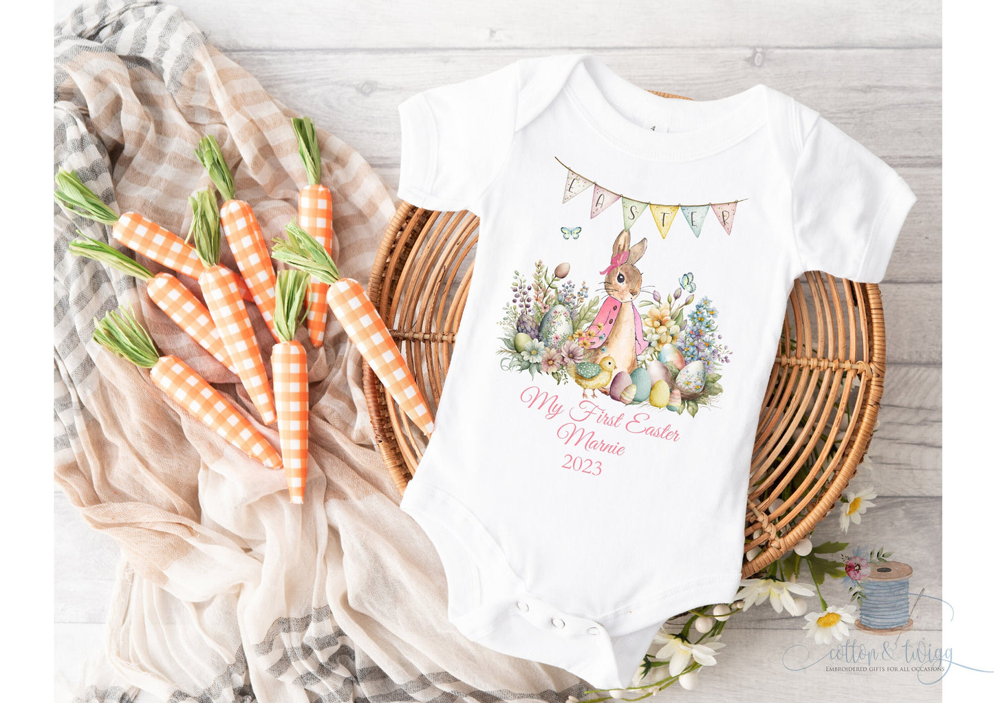 First Easter Sleepsuit and Bodysuit Vest & Bib, My Little Rabbit First Easter Romper Suit, Baby Girls 1st Easter Babygrow, Pink Easter Bunny