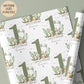 Personalised gift wrap for a 1st birthday featuring a large sage green number '1' surrounded by cute dinosaurs & stars. The design includes the text ' Happy 1st Birthday' Personalised with a name.
