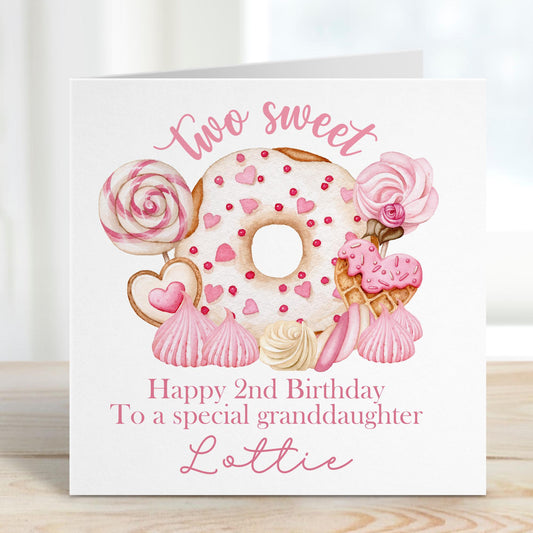 Personalised Sweet 2nd Birthday Card for Girls – Candy and Doughnut Design, Daughter or Granddaughter