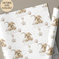 Personalised second birthday gift wrap featuring a repeating pattern of a cute neutral-toned bunny, balloons, and a large number 2. Design includes the wording ‘Happy 2nd Birthday to our Wonderful Son’ and is personalised with a name. Soft beige and white colour palette with polka dot details.