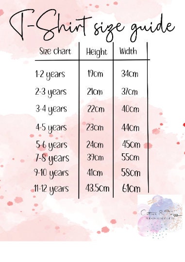 The image is a T-shirt size guide that provides measurements for different age groups, ranging from 1 to 12 years old. The guide includes a chart with height and width measurements for each age group, allowing users to determine the appropriate size for a T-shirt based on the age group.