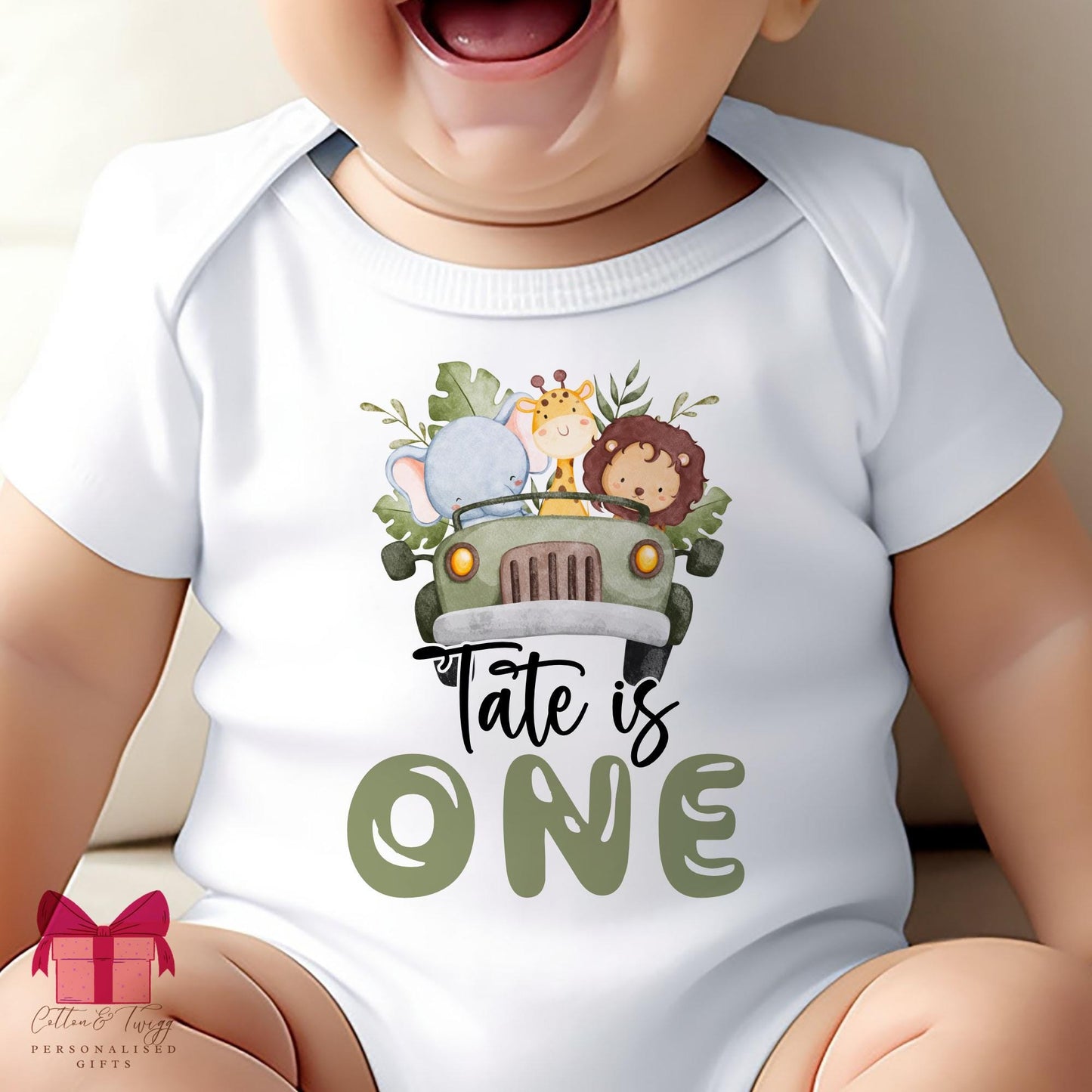 Personalised Kids Safari Long Sleeved T-Shirt, 1st Birthday Jungle Jeep/Car T-Shirt