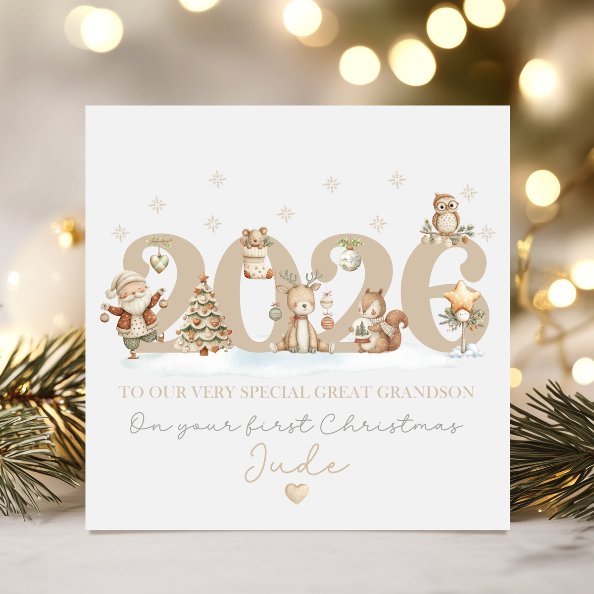 Personalised great-grandson first Christmas card with beige 2026 lettering, festive animals and the name Jude.