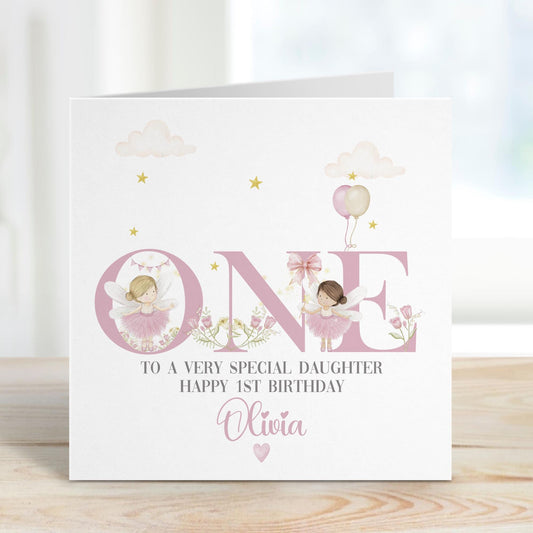 White Luxury, lightly textured 1st birthday fairy cards featuring the word ONE in pink text with pretty hand drawn fairies & wild flowers & balloons perfect for any fairies 1st birthday. Includes the wording, to a very special daughter/granddaughter, Sister, Niece, any relation. Cards measure 6 x 6 inches square.