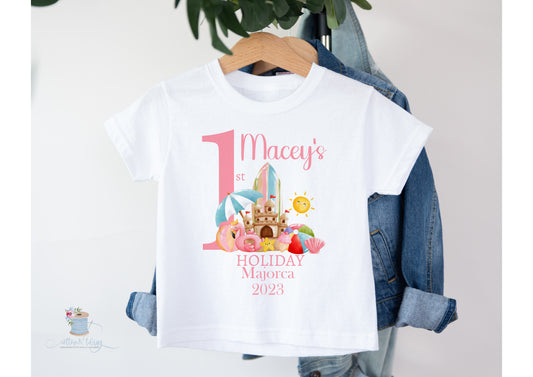 Children's First Holiday T-Shirt With Destination, Kids 1st Holiday T-Shirt, Cotton Printed T-Shirt