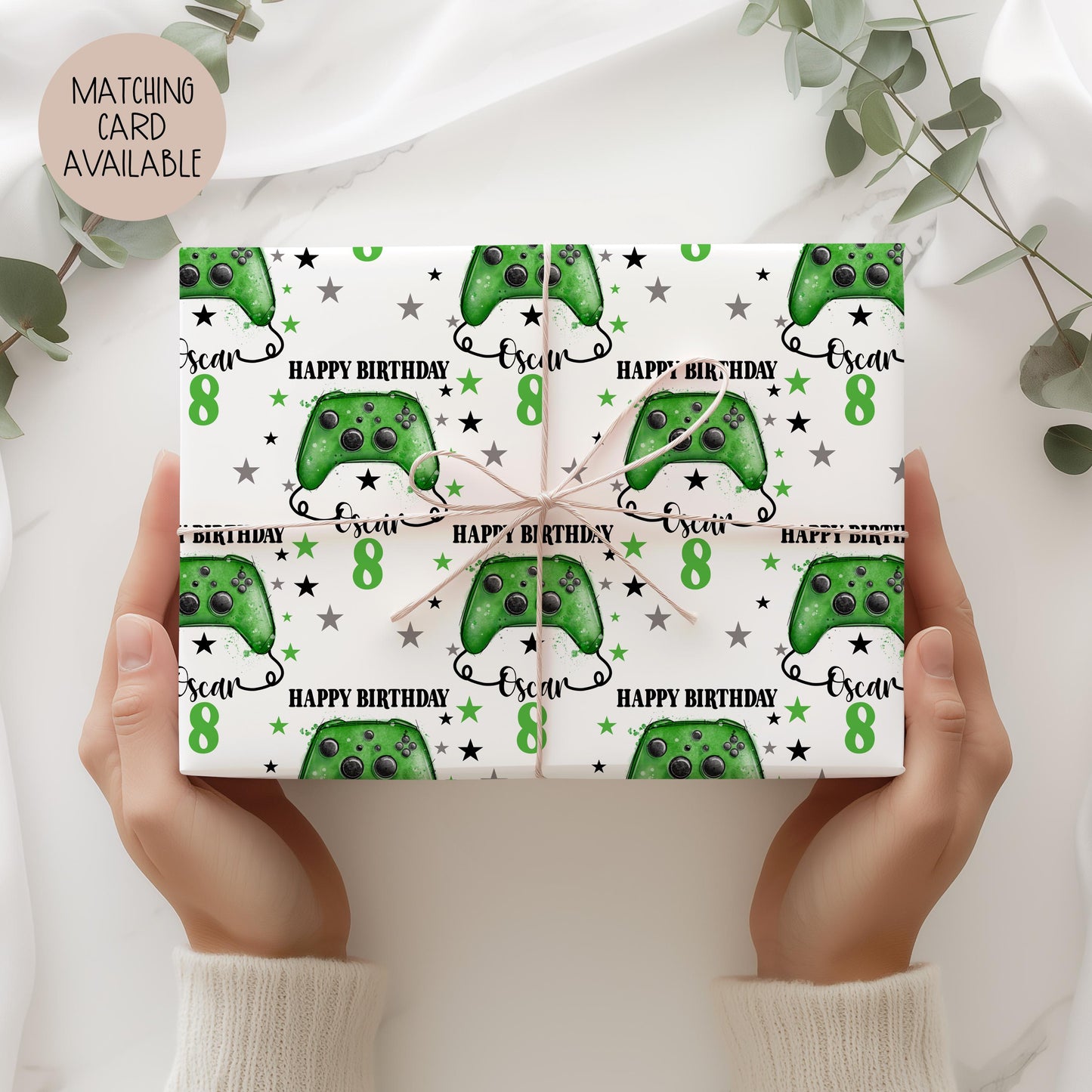 Personalised Luxury Gamer birthday gift wrap featuring a green game controller. The wording Happy Birthday, Personalised with a name.