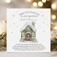 Personalised new home Christmas card featuring hand-drawn house illustration with festive wreath and snow scene. Personalised with names.
