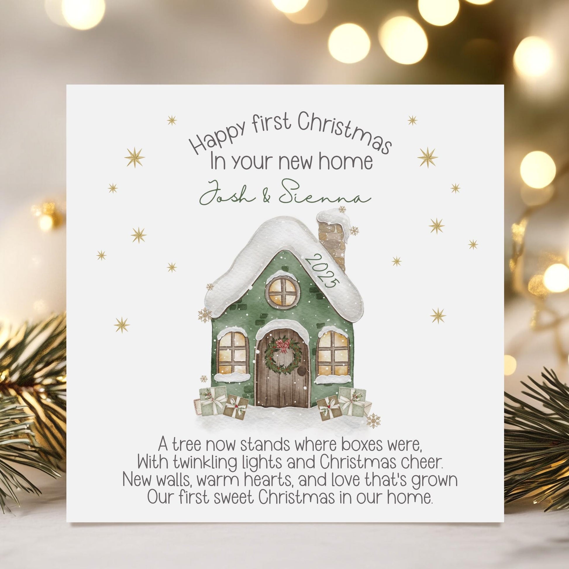 Personalised new home Christmas card featuring hand-drawn house illustration with festive wreath and snow scene. Personalised with names.