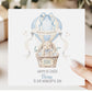 Square personalised Easter greeting card featuring a cute illustrated bunny sitting in a wicker hot air balloon basket surrounded by pastel Easter eggs. The balloon is decorated in soft blue tones with a ribbon and a banner reading ‘Happy Easter’. The design includes space for personalised text for name, year and relation.