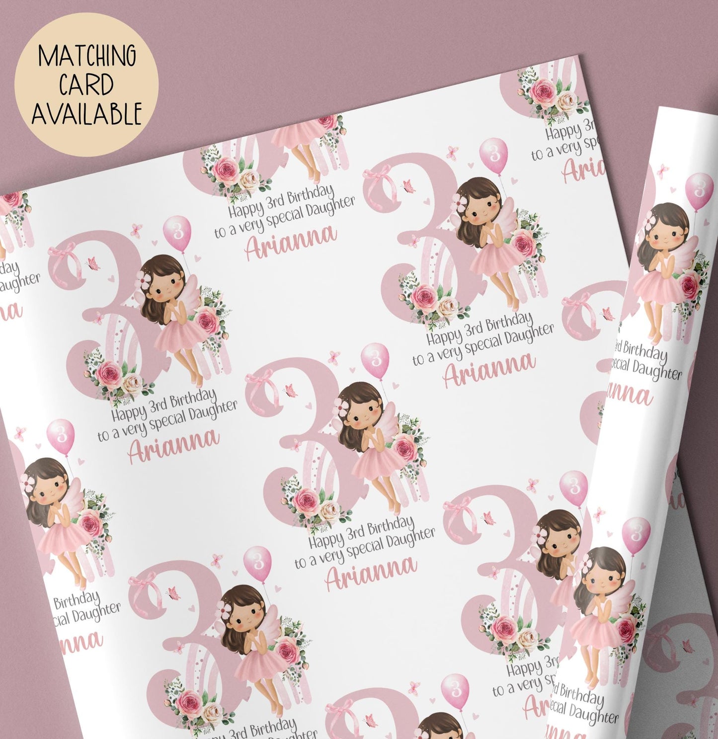 Personalised 3rd birthday gift wrap featuring a cute fairy girl in a pink dress holding a balloon, sitting in front of a pastel rainbow and large pink number one, surrounded by floral accents. Customisable with child’s name and special message, perfect for a granddaughter’s/daughters 3rd birthday.