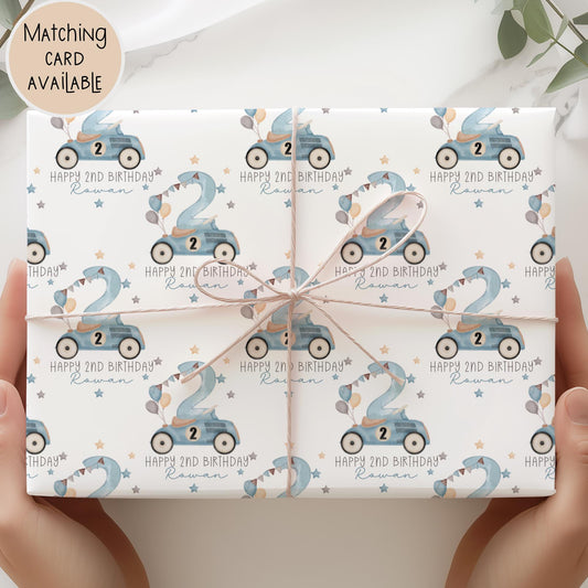 Racing Car 1st/2nd/3rd Birthday Wrapping Paper, Personalised Car Birthday Gift Wrap