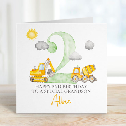 Luxury Linen 2nd birthday digger card, lightly textured 300gsm, featuring hand drawn yellow construction vehicles & the number one in green. Lovely bright colours. Personalised with childs name. card measure 6 x 6 inches