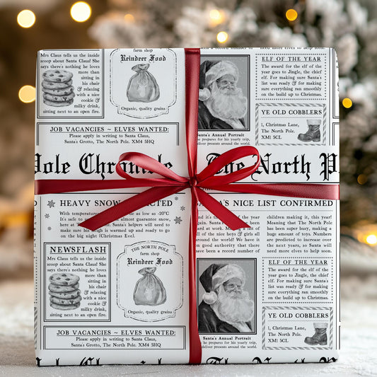Christmas Gift Wrap, North Pole Chronicles Xmas Wrapping Paper Roll, North Pole Newspaper Wrapping Paper Sheet