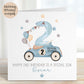 Luxury white linen, lightly textured 1st birthday card featuring a watercolor blue racing car with a number 2  on the side & beige seat & balloons to the back & a watercolor number 2 & a beige, brown & blue bunting & stars & the wording, Happy 1st birthday to a special Grandson/Son/Nephew/wording can be changed to suit. Personalised with the childs name a little star underneath. Card measures 6 x 6 inches.