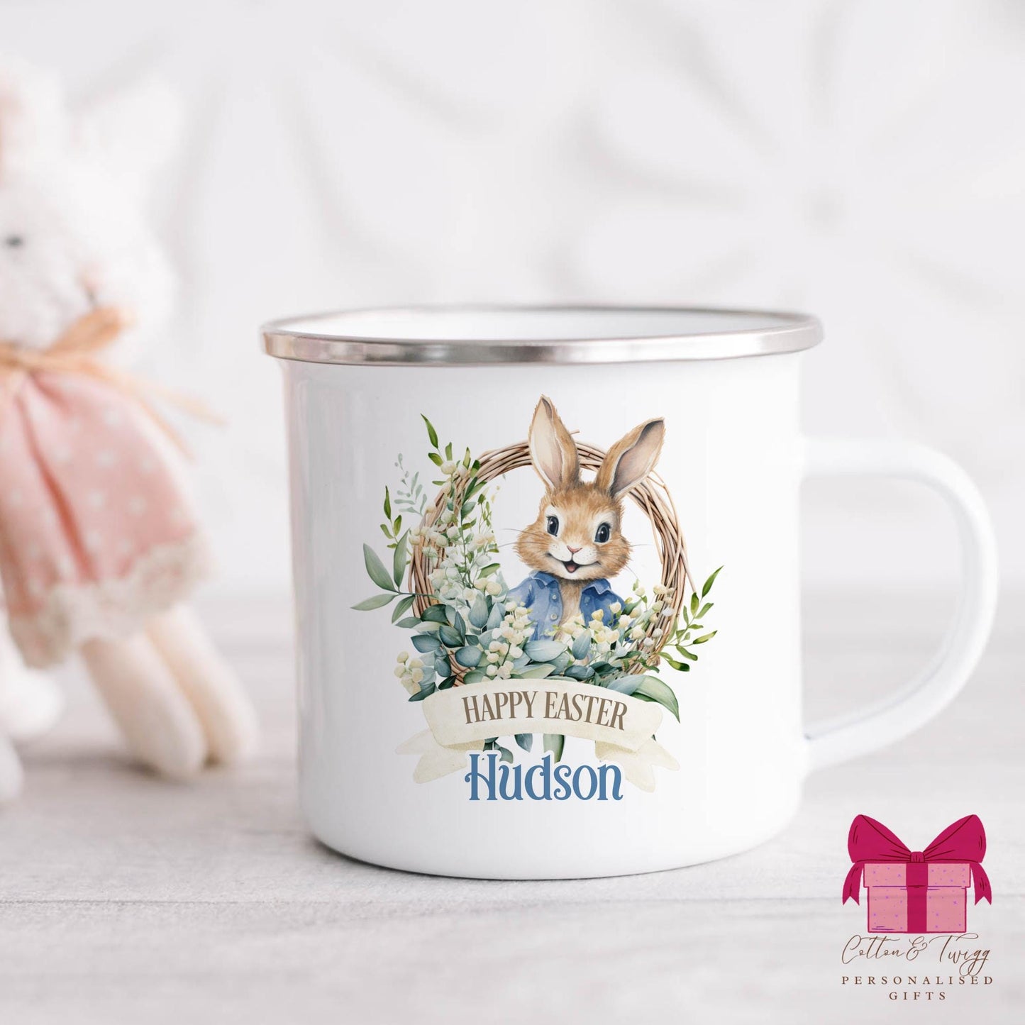 Personalised Kids Enamel Easter Mug, Childrens Easter Bunny Rabbit Mug