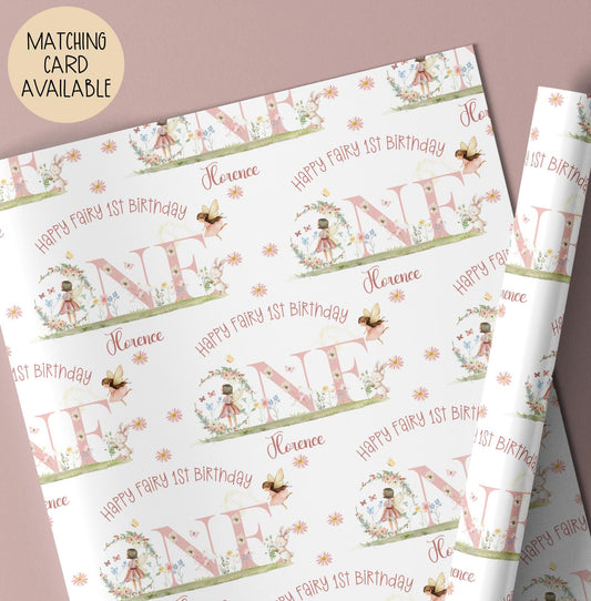 Personalised 1st birthday wrapping paper pink fairy design