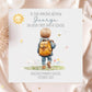 Personalised first day of school card featuring a cute illustration of a boy with a backpack, butterflies, flowers, and a smiling sun. Customisable with child’s name, school, and date. A unique keepsake card for boys or girls starting school, perfect gift from parents or grandparents.
