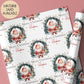 Personalised Christmas giftwrap featuring a leafy green wreath with Christmas lights & Santa & his reindeer & the wording Merry Christmas, personalised with a name.