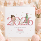 Personalised pink 2026 Christmas card with a brunette ballerina, rocking horse and Christmas tree, for daughter Rosa.