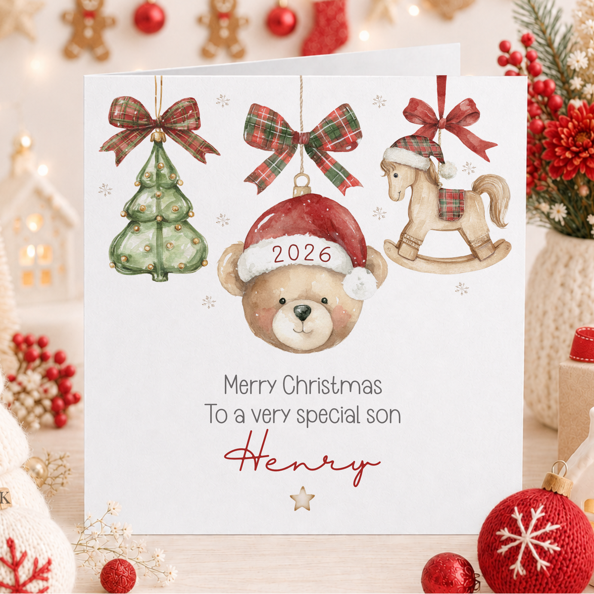 Personalised 2026 Christmas card for son Henry with teddy bear, rocking horse, Christmas tree and tartan bows.