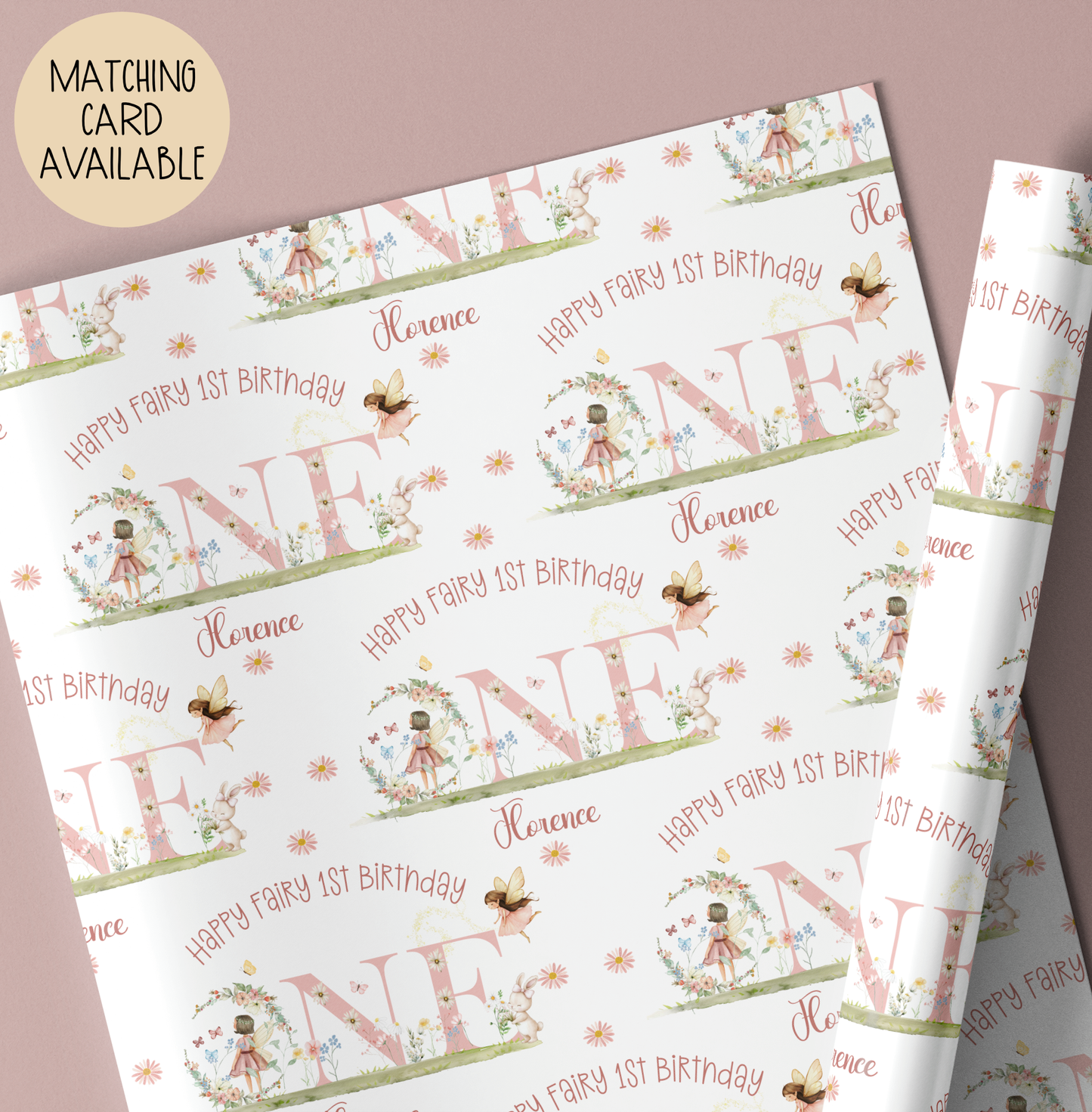Pink Fairy First Birthday Gift Wrap Paper, Personalised 1st Birthday Wrapping Paper for Daughter, Granddaughter, Niece, God-Daughter