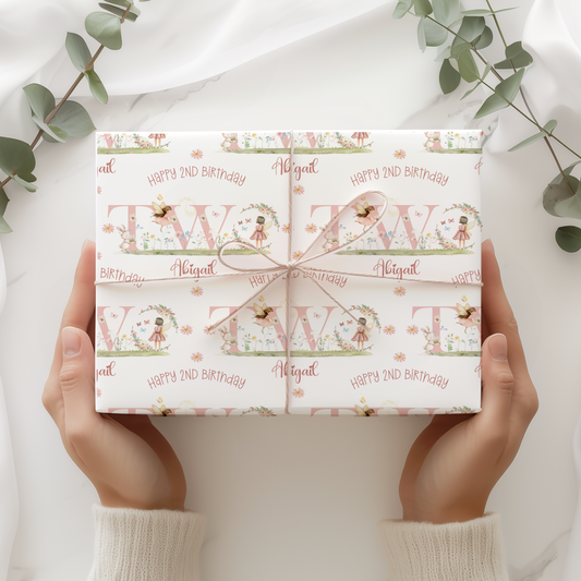 Pink Fairy First Birthday Gift Wrap Paper, Personalised 1st Birthday Wrapping Paper for Daughter, Granddaughter, Niece, God-Daughter