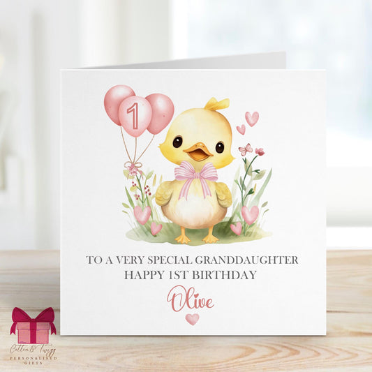 Personalised 1st Birthday Card For Girls, Yellow Chick/Duck Greeting Card