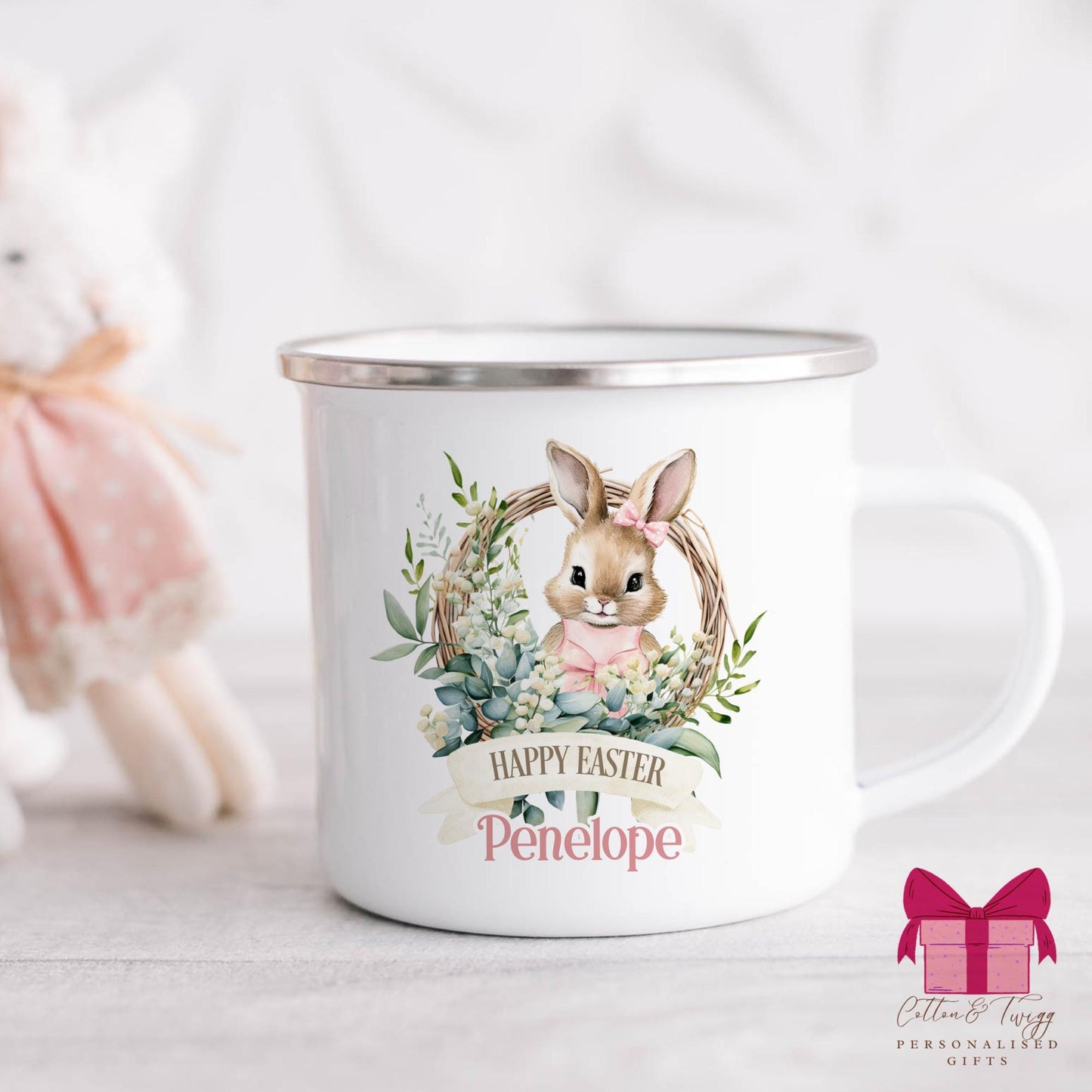 Personalised Kids Enamel Easter Mug, Childrens Easter Bunny Rabbit Mug