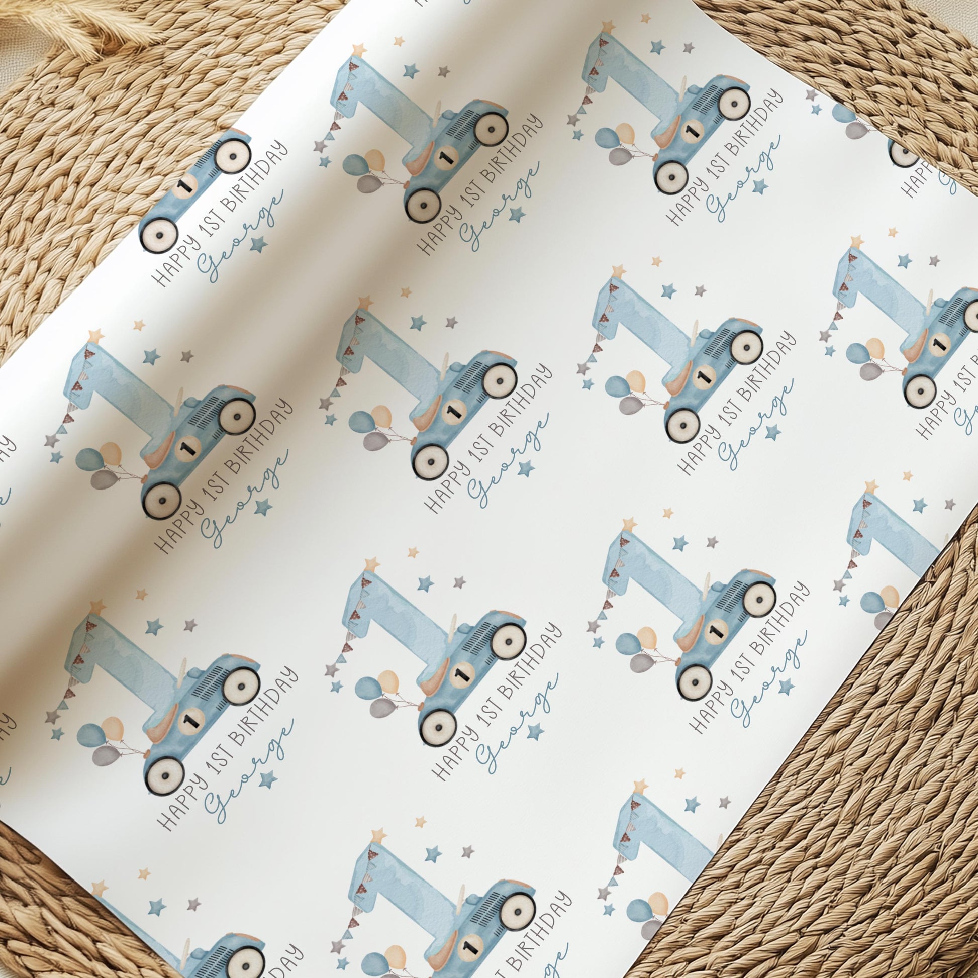 Luxury white personalized 1st birthday race car themed wrapping paper, featuring a watercolor pale blue racing car with the number 1 on the side of it & a large number 1 with bunting & balloons and the wording &#39;Happy 1st Birthday&#39; personalised with the child&#39;s name.