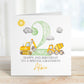 Luxury Linen 2nd birthday digger card, lightly textured 300gsm, featuring hand drawn yellow construction vehicles & the number one in green. Lovely bright colours. Personalised with childs name. card measure 6 x 6 inches
