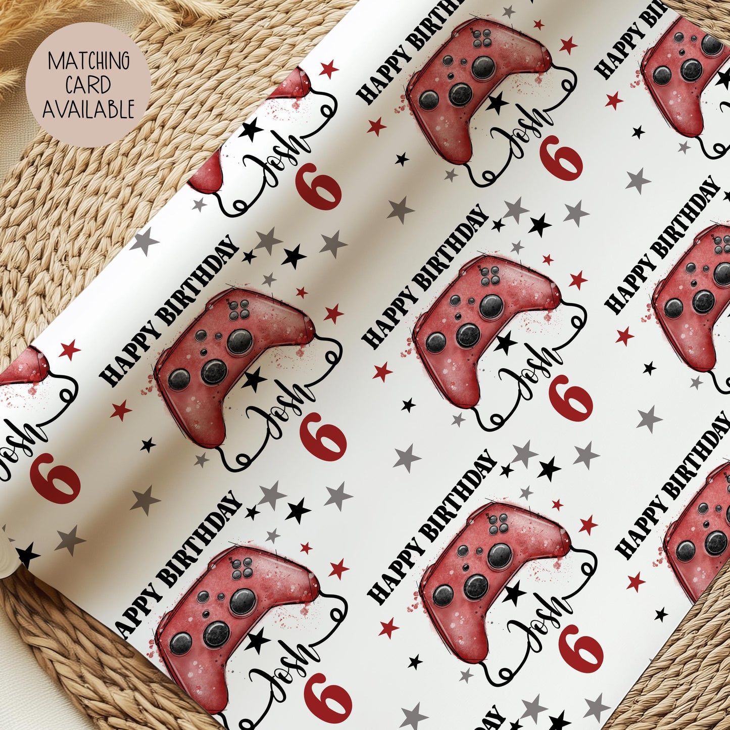 Personalised Luxury Gamer birthday gift wrap featuring a red game controller. The wording Happy Birthday, Personalised with a name.